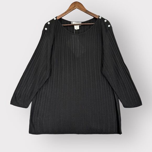 Aboutface Sweater Women 2X Black Knit‎ Rayon Ribbed Button Accents USA Made i09 - Picture 1 of 12